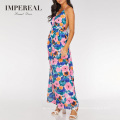 V Neckline Backless Halterneck Tie Women Printed Maxi Dress Chiffon